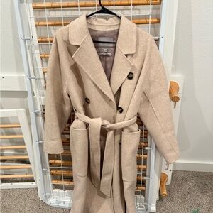 Long Double-Breasted Belted Trench Coat in Light Beige